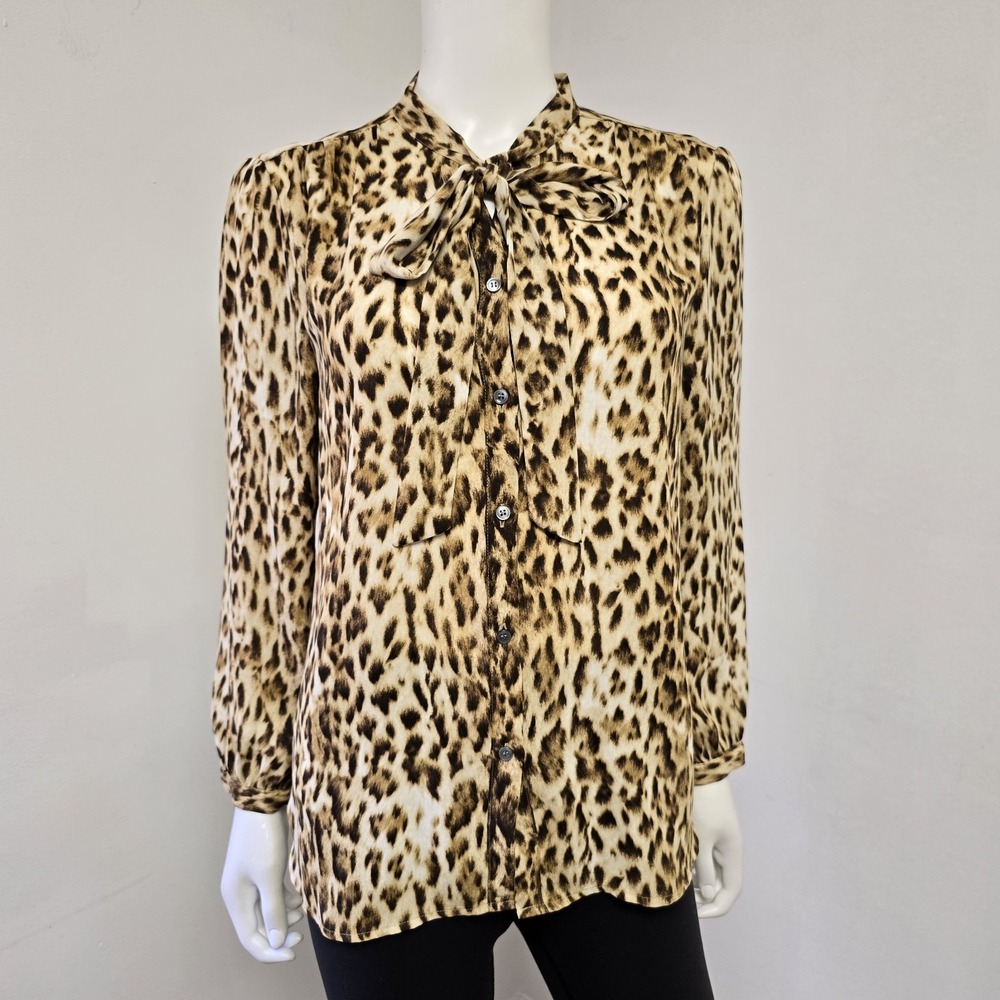 J Crew Blouse Top Size S Leopard Animal Print Button Up Neck Tie Long Sleeve